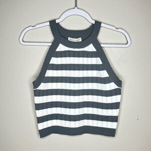 Happily Grey Pointelle Stretch‎ Knit Striped Ribbed High Neck Halter Tank Top